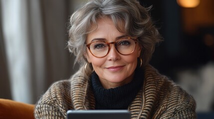Smiling senior woman using digital tablet in cozy cafe