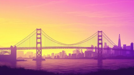 A vibrant sunset over a stunning bridge and city skyline.