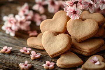 Heart-shaped cookies and pink flowers resting on a wooden table