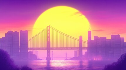 Obraz premium A vibrant sunset silhouette of a city skyline and bridge.