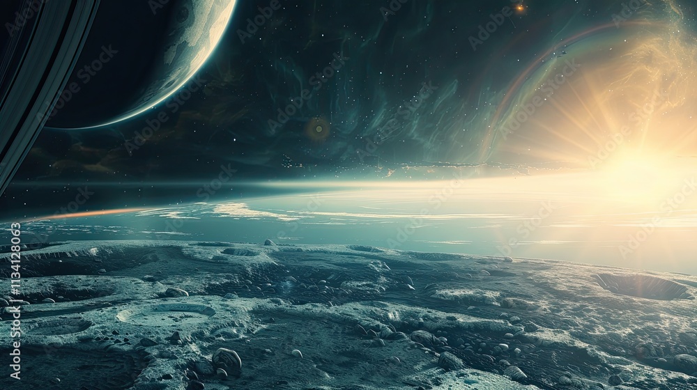Wall mural vast space view with a glowing star illuminating distant planets in a serene cosmic setting.