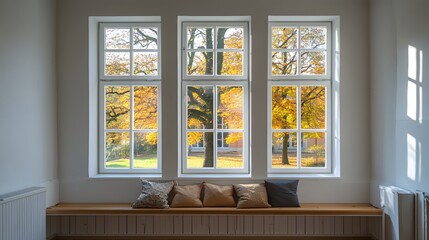 A window with white frames and glass, featuring three panes on the wall of an empty room. The trees outside can be seen through them