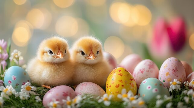 Cute baby chick sitting in nest with easter eggs and spring flowers