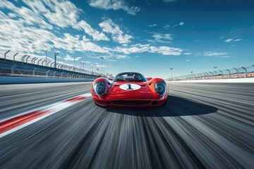 Red racing car speeding on a racetrack under a cloudy sky