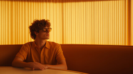 Fototapeta premium A young man with curly hair sits thoughtfully in warm, yellow toned room, wearing sunglasses. soft light creates cozy atmosphere, enhancing serene mood