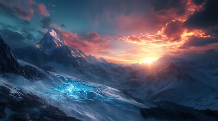 breathtaking view of glacier at sunset, with vibrant colors illuminating sky