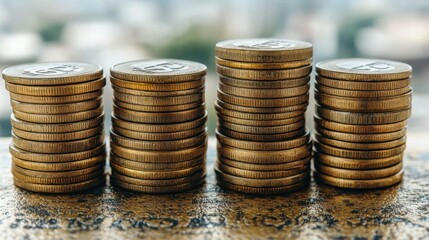 Double exposure of an urban city scene with a financial graph and stacked coins, representing business investment, money, and economic success in a modern financial world.