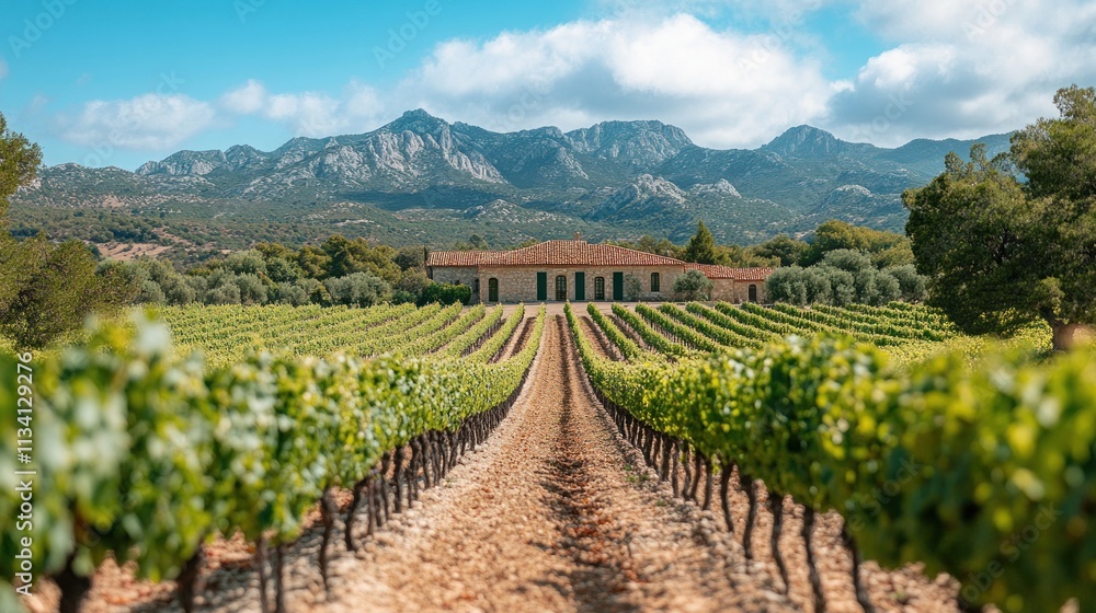 Poster scenic vineyard landscape with mountains in the background and rows of grapevines.