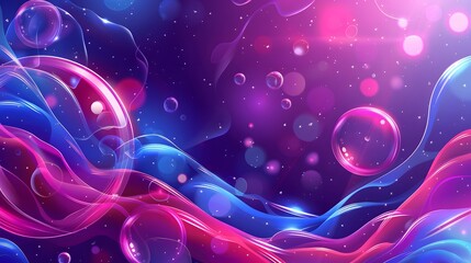 Abstract background with pink and blue glowing waves and bubbles.