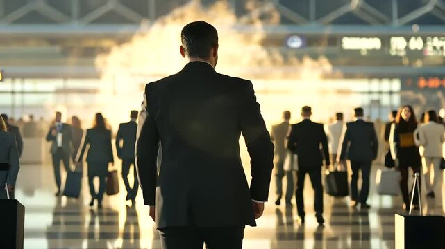 1_Secret Agent in Black Suit Walking Through Airport Terminal