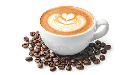 A clear photo-realistic image of a cappuccino in a white cup, with coffee beans artistically arranged around it, set against a white background


