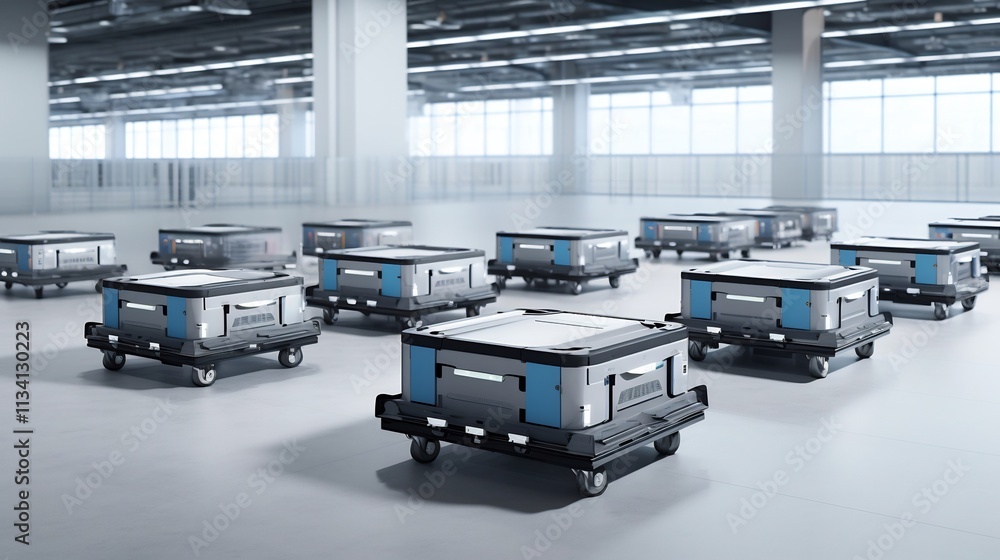 Poster automated guided vehicles agvs transporting and moving battery cells across the factory floor in a m
