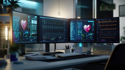 High-end computers and monitors in a modern medical record room with digital filing systems.