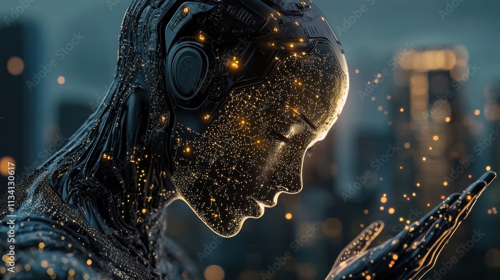 Aufkleber futuristic humanoid robot with sparkling particles gazes thoughtfully into its hand against a blurre