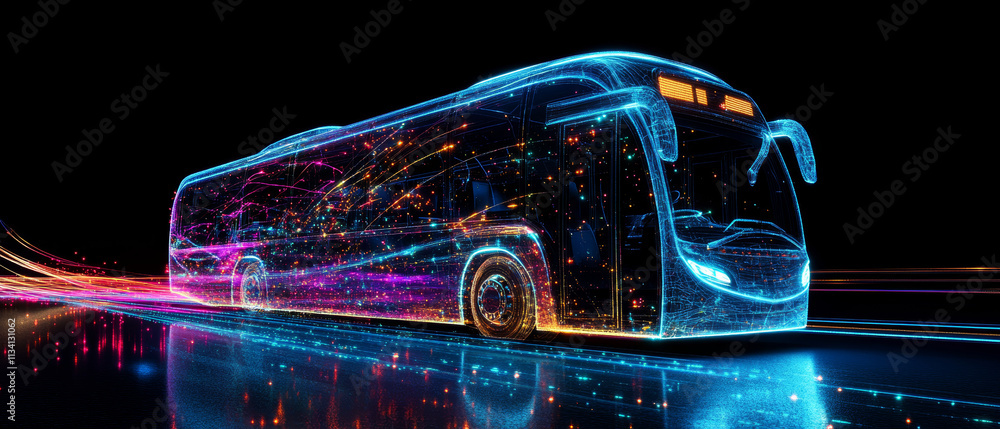 Poster dynamic digital bus rendering with neon sparkles and light trails showcasing future passenger transp