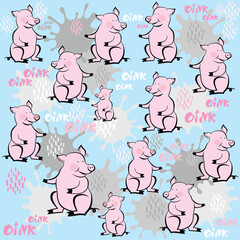 Obraz premium Pattern for seamless background. Cute pink pigs on blue background. Textile fabric print. Pig say oink. Bathing in mud. Illustration