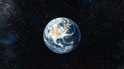 A realistic portrayal of Earth from space, illuminated by city lights and natural phenomena. The dark side of the planet contrasts with the bright patches of light, showcasing human habitation and the