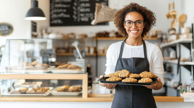 Freshly baked cookies are presented by smiling woman in an apron, showcasing her passion for baking in cozy cafe setting. warm atmosphere invites customers to enjoy delicious treats