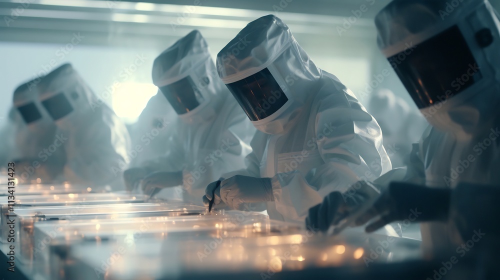 Poster a team of technicians and engineers wearing protective suits carefully assembling the components of 