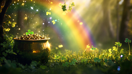 vibrant rainbow stretching into pot of gold surrounded by clovers
