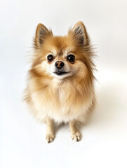 Fluffy Pomeranian dog sitting on white background, looking curious and playful. This adorable pet showcases its vibrant fur and charming expression