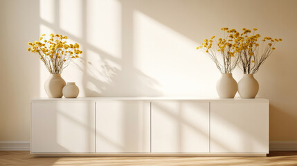 A serene interior scene featuring white cabinet adorned with elegant vases holding yellow flowers, illuminated by soft sunlight casting gentle shadows. warm ambiance creates peaceful atmosphere