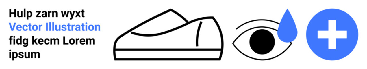 Black shoe, eye with a blue droplet, medical plus sign in blue circle. Ideal for healthcare, wellness, footwear comfort, eye care, medical services, health awareness, and website design. Landing page