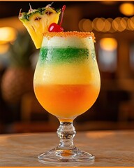 A colorful layered tropical drink garnished with a cherry and pineapple slice.