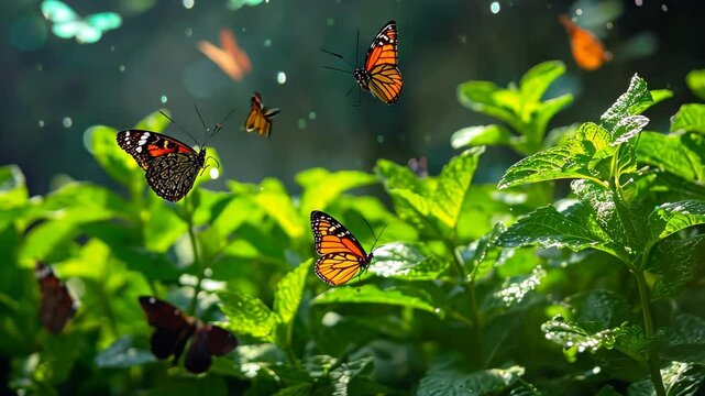 A large collection of butterflies gracefully flying over a vibrant and fertile green field, A whimsical scene of fresh mint leaves transforming into butterflies in a garden