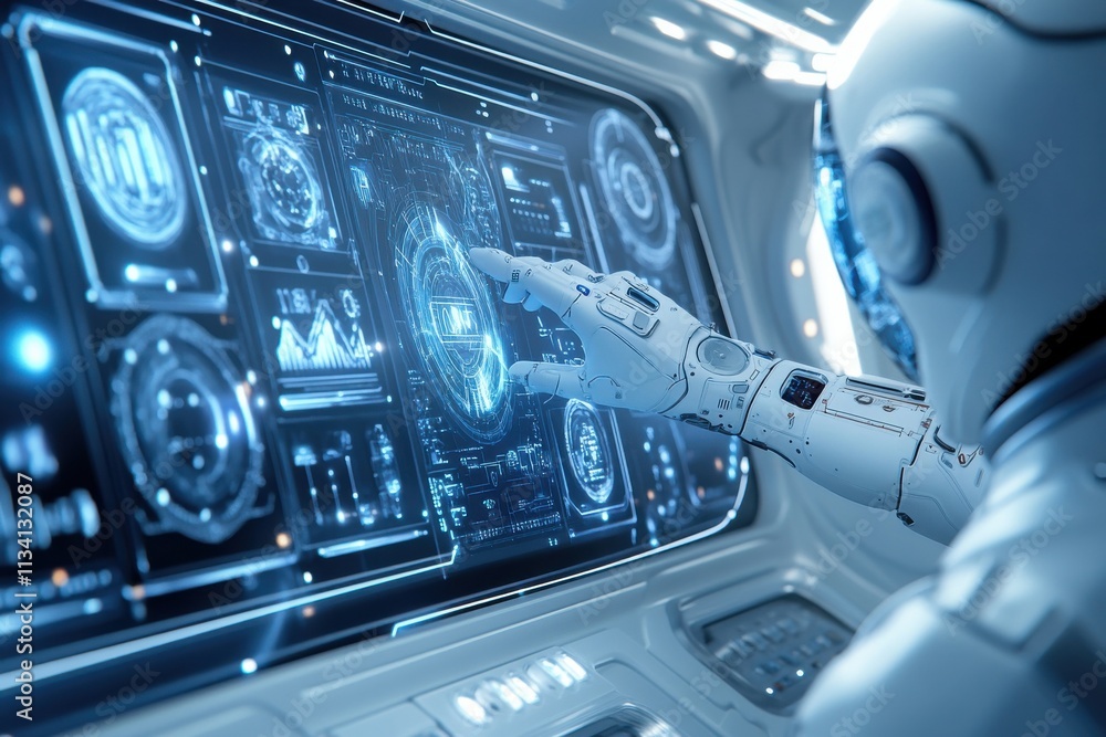 Poster innovative humanoid robot interface interaction in futuristic control room with advanced digital dis