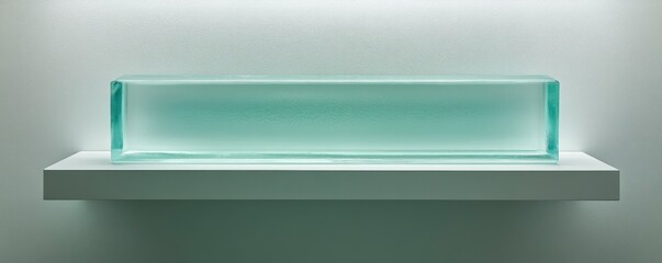 A minimalist glass block displayed on a shelf, emphasizing transparency and simplicity.