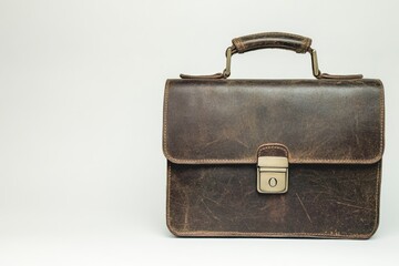 A vintage brown leather briefcase with a clasp, ideal for business use and storage.