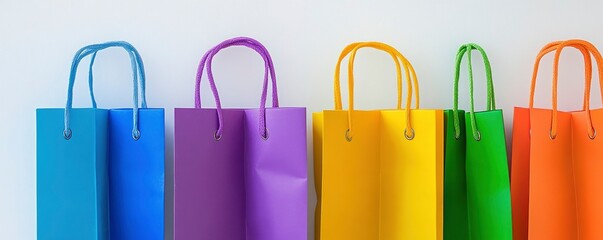 A row of colorful shopping bags displayed against a white background.