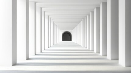 Abstract 3D design of a white empty room leading into a tunnel interior. Smooth, minimal structure perfect for contemporary design and artistic themes.