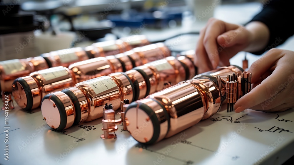 Poster robotic systems assembling cylindrical battery cells in a high tech automated manufacturing facility