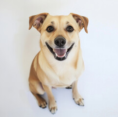 Obraz premium Happy medium sized tan dog sitting and smiling against white background, showcasing its playful and friendly nature. This adorable pet exudes joy and warmth