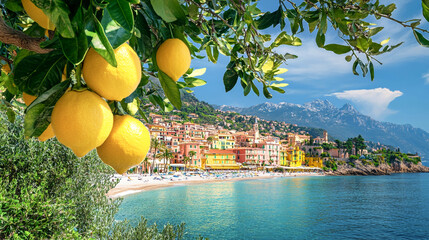 Lush lemon tree framing the vibrant coastline of Menton by the Mediterranean Sea on a sunny summer day