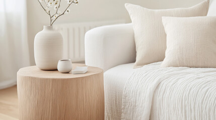 A cozy living space featuring wooden side table, soft pillows, and minimalist vase with flowers. neutral tones create serene atmosphere perfect for relaxation