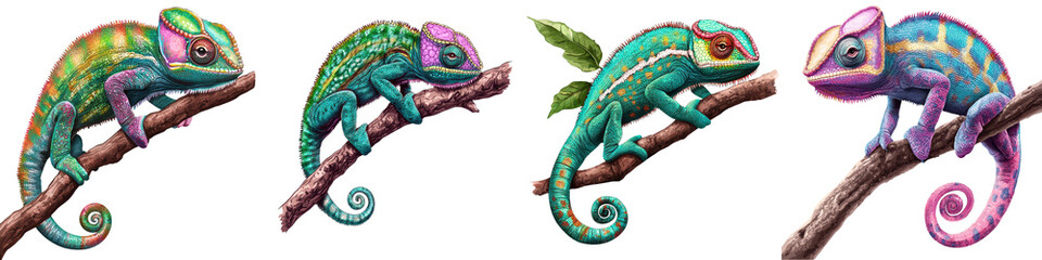 Obraz premium Vibrant Colored Chameleons Camouflaged on Lush Tropical Branches Highlighting the Wonders of Nature s Adaptation and Biodiversity