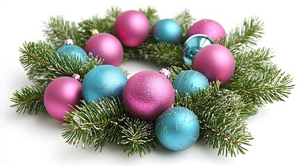 Fototapeta premium Festive Christmas wreath with pink and teal baubles on frosted pine branches.