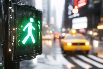 Pedestrian signal activating in rainy nyc traffic scene urban life dynamic viewpoint city exploration