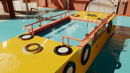 Flotation device testing platform with bright colors and clear water in a controlled environment