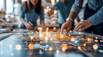 Innovative teamwork is showcased as professionals collaborate over digital map, analyzing data and strategizing for future projects. atmosphere is dynamic and focused