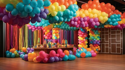 A vibrant studio brimming with colorful decorations, balloons, streamers, and lights creates an exuberant atmosphere ideal for joyful celebrations.
