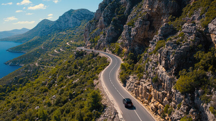 scenic elevated view of winding road along rocky coastline, with car driving through lush greenery and mountains in background, evoking sense of adventure and freedom