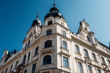 Obraz premium Majestic Slovak castles stand proudly under a clear blue sky, highlighting their intricate architecture and rich historical significance, embodying the essence of Slovak heritage.