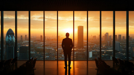 A silhouette of businessman stands against stunning sunset view from high rise office, showcasing vibrant city skyline. scene evokes sense of ambition and reflection