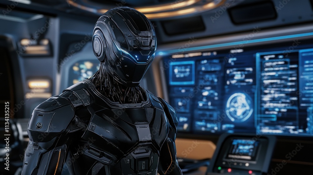 Poster futuristic cybernetic humanoid in high-tech control room with blue illuminated features surrounded b