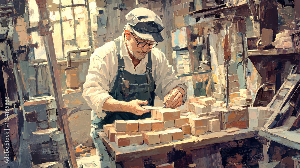 Poster master mason meticulously assembling bricks in his rustic workshop filled with tools and materials u