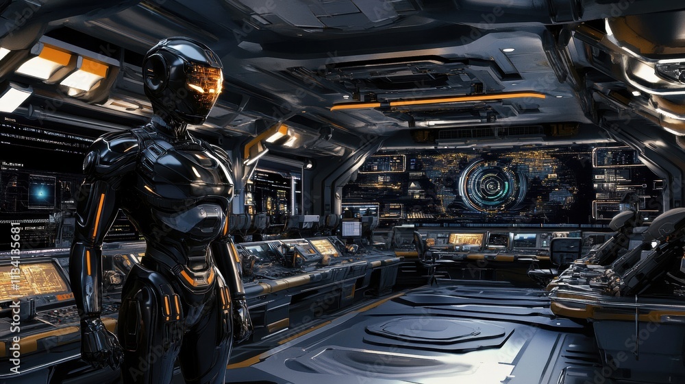 Poster futuristic control room with a humanoid robot: high-tech interface, advanced monitors, and sleek des